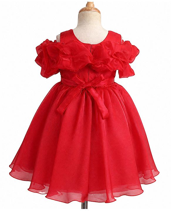 Babyhug Solid Organzza Woven Sleeveless Party Dress with Cold Shoulder Ruffle Detailing - Red