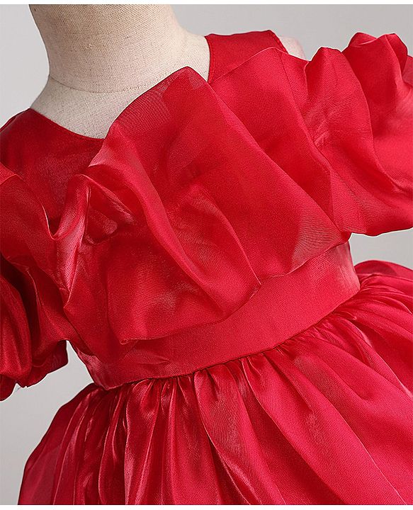 Babyhug Solid Organzza Woven Sleeveless Party Dress with Cold Shoulder Ruffle Detailing - Red