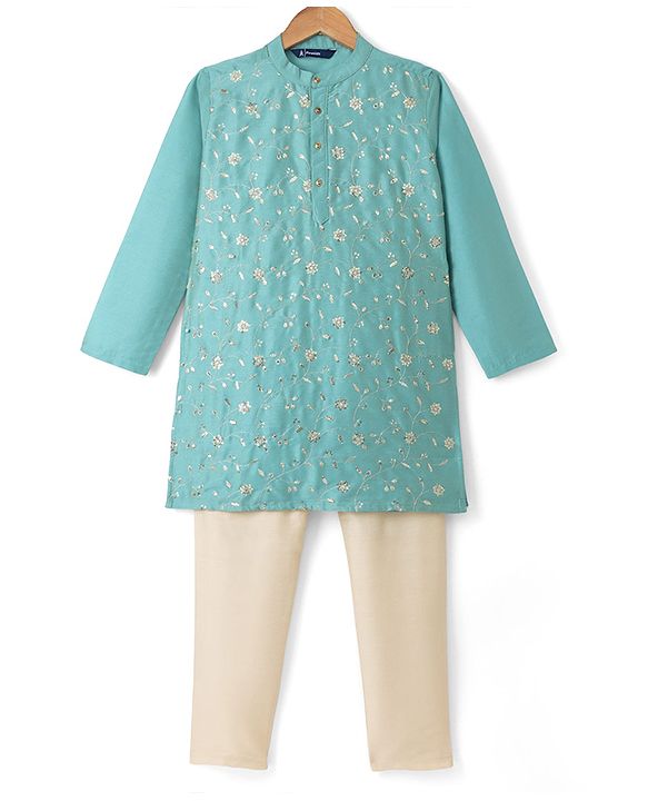 Pine Kids Woven Full Sleeves Kurta and Pyjama with Full Length and Floral Vines Embroidered in Green