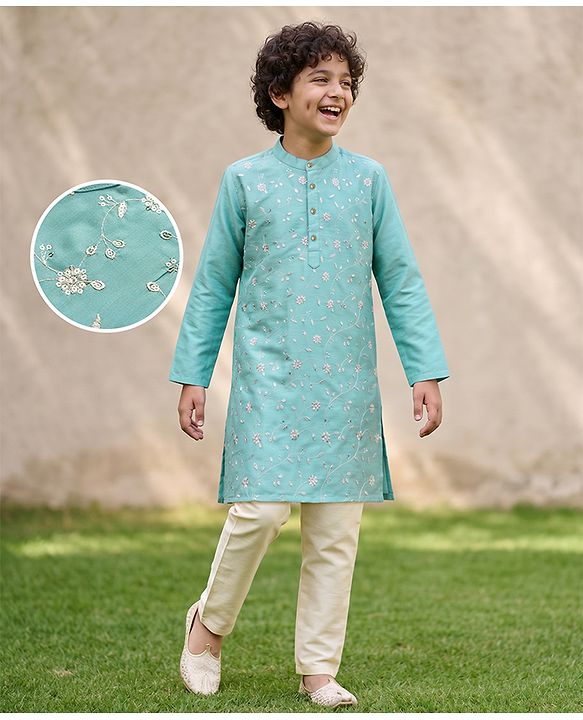 Pine Kids Woven Full Sleeves Kurta and Pyjama with Full Length and Floral Vines Embroidered in Green