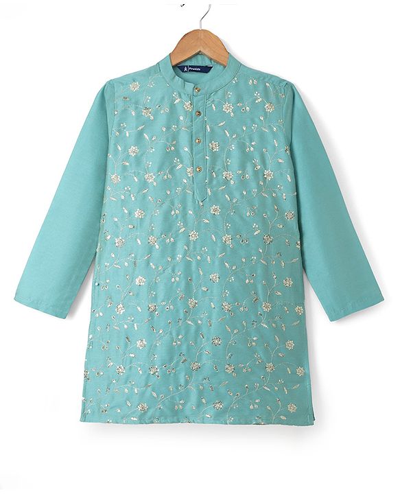Pine Kids Woven Full Sleeves Kurta and Pyjama with Full Length and Floral Vines Embroidered in Green