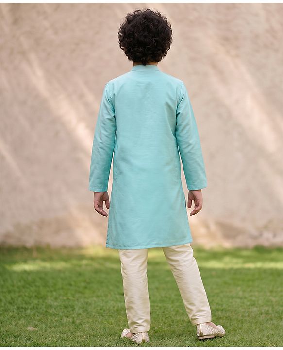 Pine Kids Woven Full Sleeves Kurta and Pyjama with Full Length and Floral Vines Embroidered in Green