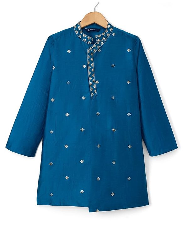 Pine Kids Woven Full Sleeves Sequinned Kurta & Pyjama Set - Teal Blue