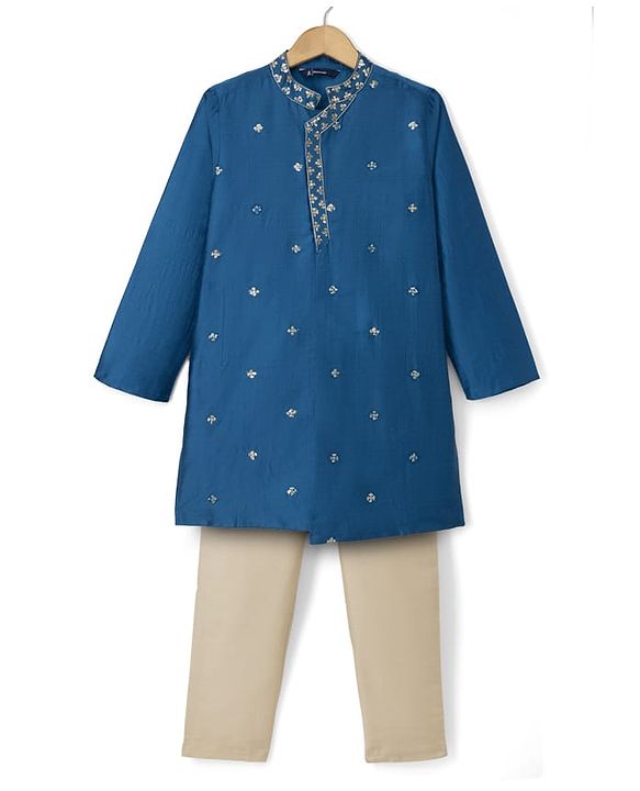 Pine Kids Woven Full Sleeves Sequinned Kurta & Pyjama Set - Teal Blue