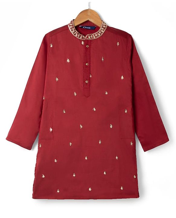 Pine Kids Woven Kurta Pyjama Set with Full Sleeves and Embellishment Embroidery in Red for 4-5 Years