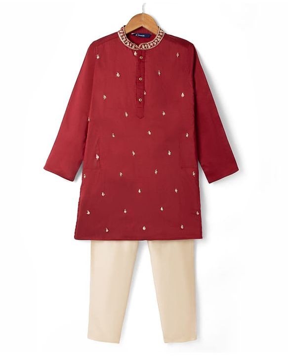 Pine Kids Woven Kurta Pyjama Set with Full Sleeves and Embellishment Embroidery in Red for 4-5 Years