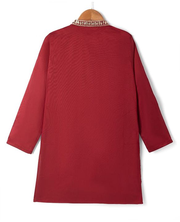 Pine Kids Woven Kurta Pyjama Set with Full Sleeves and Embellishment Embroidery in Red for 4-5 Years