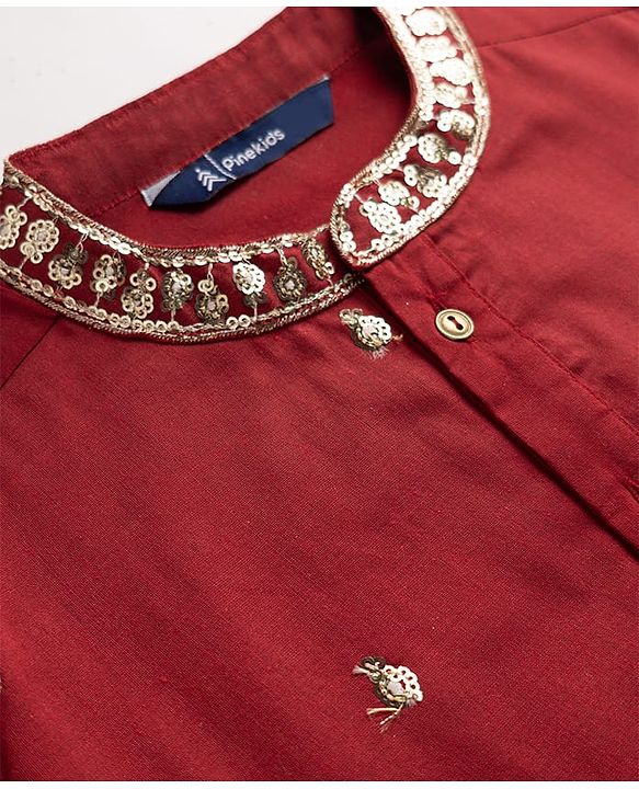 Pine Kids Woven Kurta Pyjama Set with Full Sleeves and Embellishment Embroidery in Red for 4-5 Years