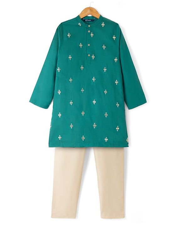 Pine Kids Woven Full Sleeves Sequinned Kurta & Pyjama Set - Green