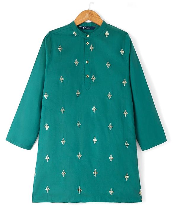 Pine Kids Woven Full Sleeves Sequinned Kurta & Pyjama Set - Green