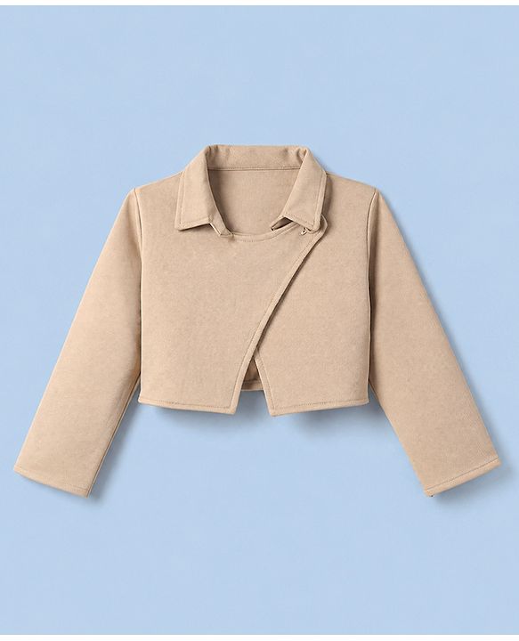 Babyhug Solid Twill Knit A-Line Dress with Full Sleeves Jacket - Beige