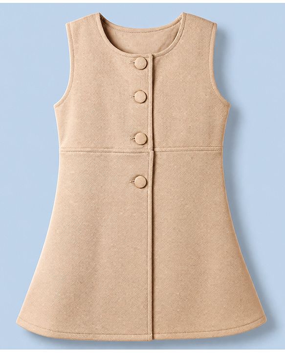 Babyhug Solid Twill Knit A-Line Dress with Full Sleeves Jacket - Beige
