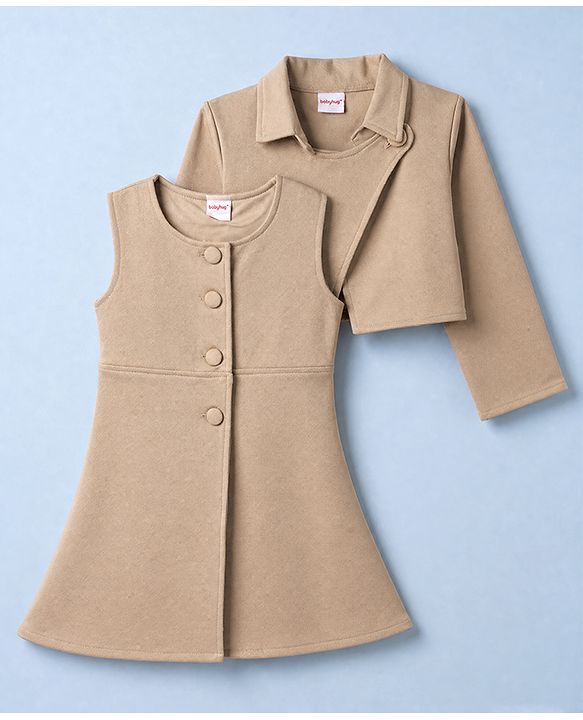 Babyhug Solid Twill Knit A-Line Dress with Full Sleeves Jacket - Beige