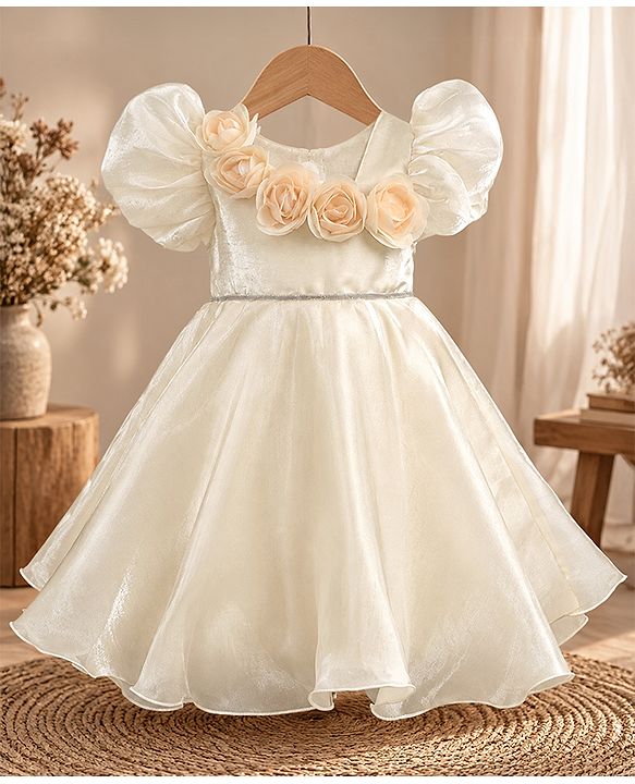 Babyhug Organza Woven Half Puffed Sleeves One Piece Party Dress With Flower Applique - Cream