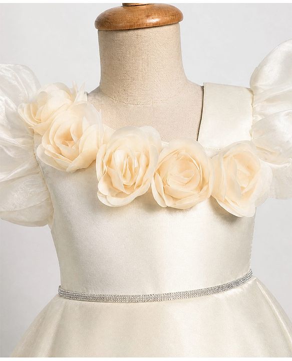 Babyhug Organza Woven Half Puffed Sleeves One Piece Party Dress With Flower Applique - Cream
