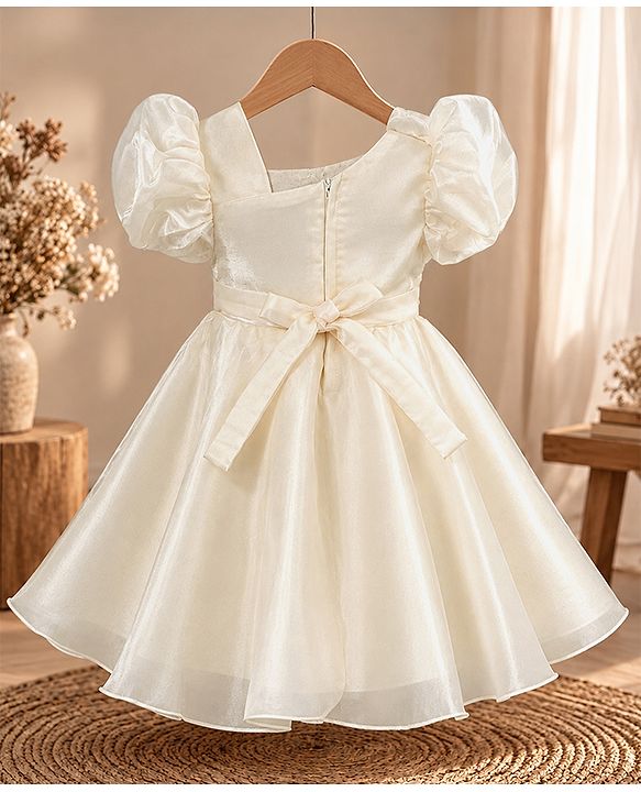 Babyhug Organza Woven Half Puffed Sleeves One Piece Party Dress With Flower Applique - Cream