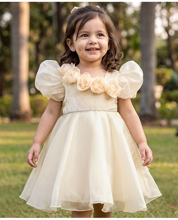 Babyhug Organza Woven Half Puffed Sleeves One Piece Party Dress With Flower Applique - Cream