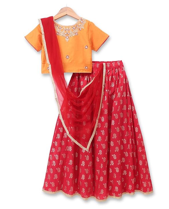Pine Kids Woven Half Sleeves Floral Embroidered Choli & Lehenga Set WIth Dupatta - Red