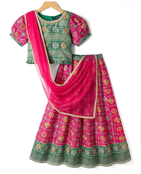 Pine Kids Woven Lehenga Choli Dupatta with Half Sleeves and Geometric Print in Red