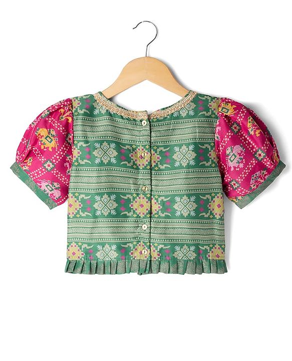 Pine Kids Woven Lehenga Choli Dupatta with Half Sleeves and Geometric Print in Red