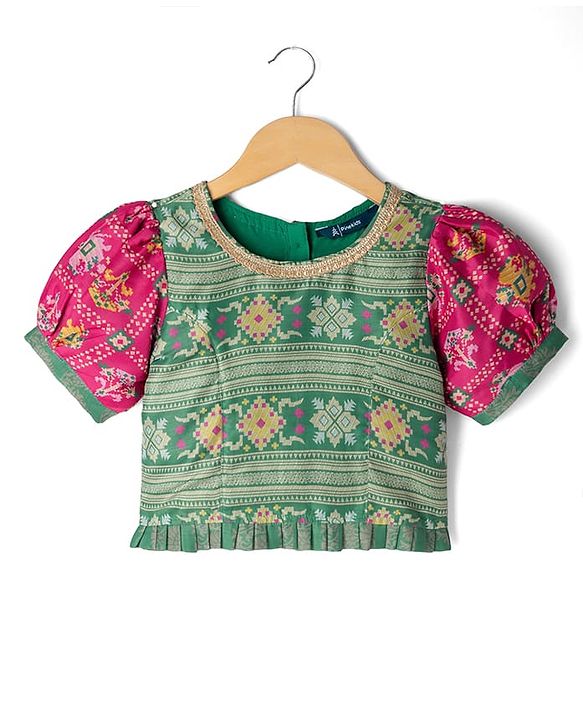 Pine Kids Woven Lehenga Choli Dupatta with Half Sleeves and Geometric Print in Red