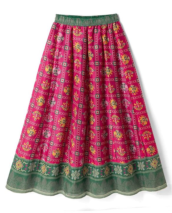 Pine Kids Woven Lehenga Choli Dupatta with Half Sleeves and Geometric Print in Red
