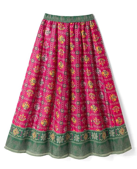 Pine Kids Woven Lehenga Choli Dupatta with Half Sleeves and Geometric Print in Red