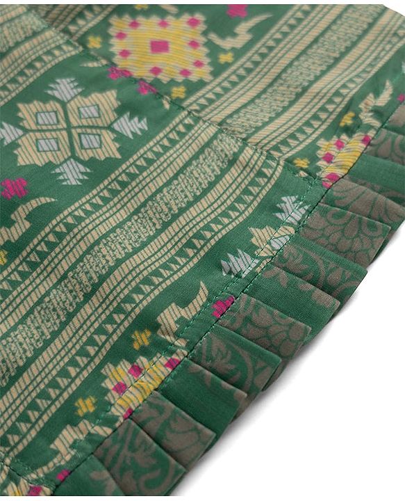 Pine Kids Woven Lehenga Choli Dupatta with Half Sleeves and Geometric Print in Red