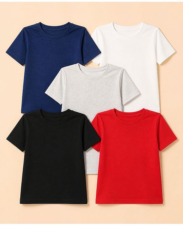 Pine Kids Cotton Knit Half Sleeves Solid T-Shirt Pack Of 5 - Black Red Navy Blue White & Grey