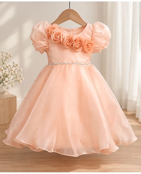 Babyhug Organza Woven Half Puffed Sleeves One Piece Party Dress With Flower Applique - Peach