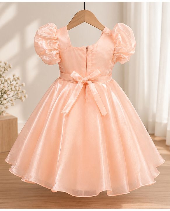 Babyhug Organza Woven Half Puffed Sleeves One Piece Party Dress With Flower Applique - Peach