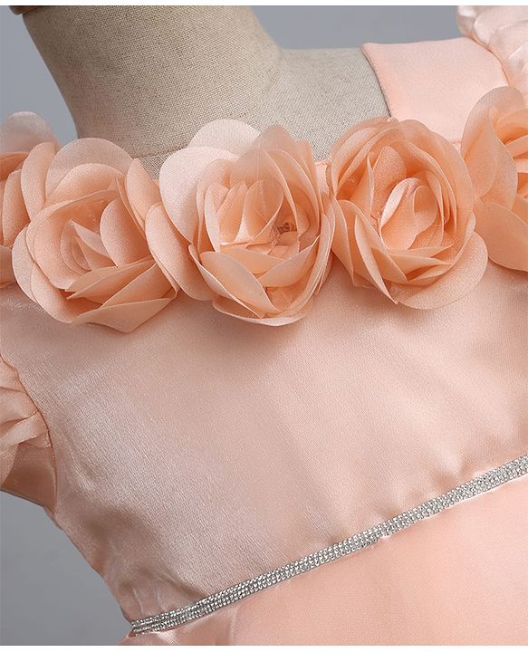 Babyhug Organza Woven Half Puffed Sleeves One Piece Party Dress With Flower Applique - Peach