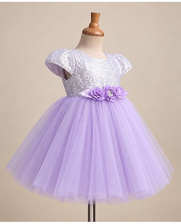 Babyhug Woven Half Sleeves Sequin Party Dress With Corsage Bow - Lilac