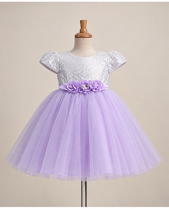 Babyhug Woven Half Sleeves Sequin Party Dress With Corsage Bow - Lilac