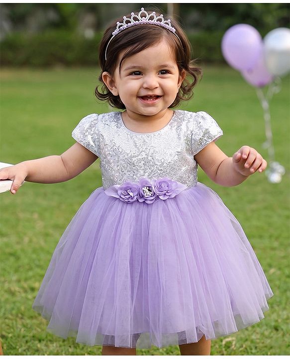 Babyhug Woven Half Sleeves Sequin Party Dress With Corsage Bow - Lilac