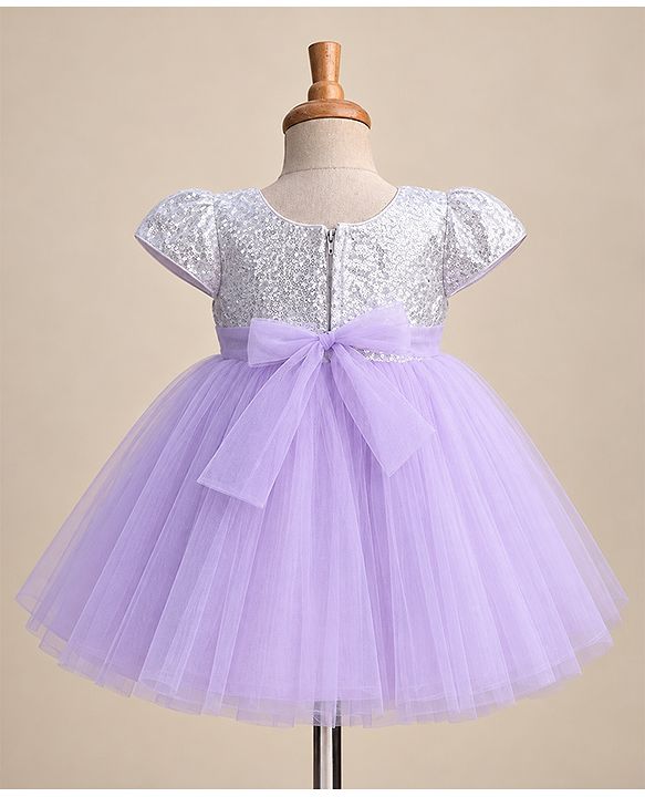 Babyhug Woven Half Sleeves Sequin Party Dress With Corsage Bow - Lilac