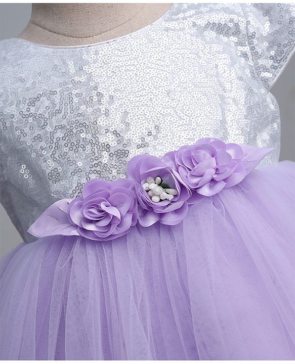 Babyhug Woven Half Sleeves Sequin Party Dress With Corsage Bow - Lilac