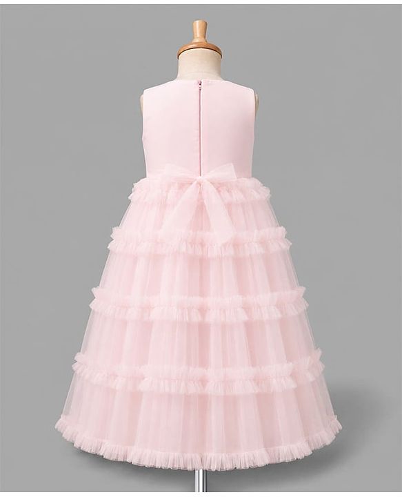Babyhug Solid Mesh Woven and Sleeveless Party Gown with Applique Flowers - Pink