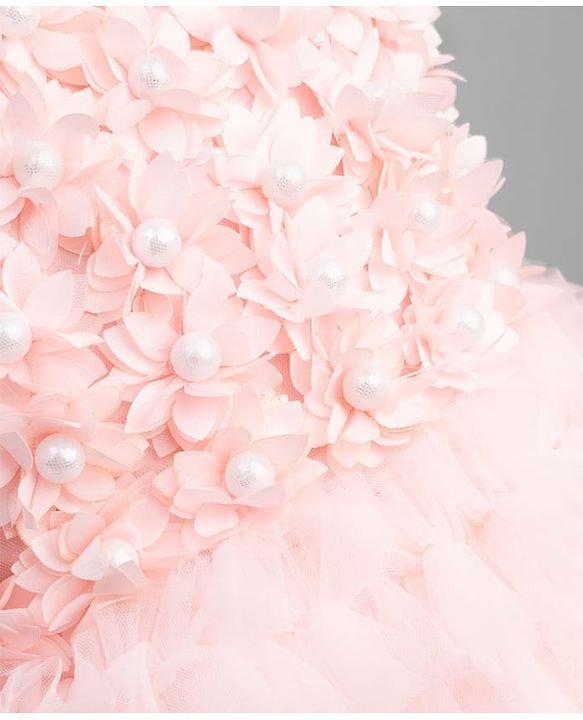 Babyhug Solid Mesh Woven and Sleeveless Party Gown with Applique Flowers - Pink