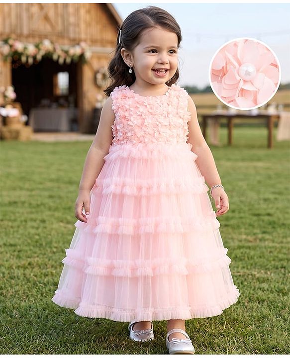 Babyhug Solid Mesh Woven and Sleeveless Party Gown with Applique Flowers - Pink