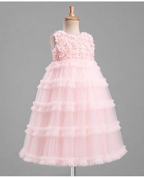 Babyhug Solid Mesh Woven and Sleeveless Party Gown with Applique Flowers - Pink