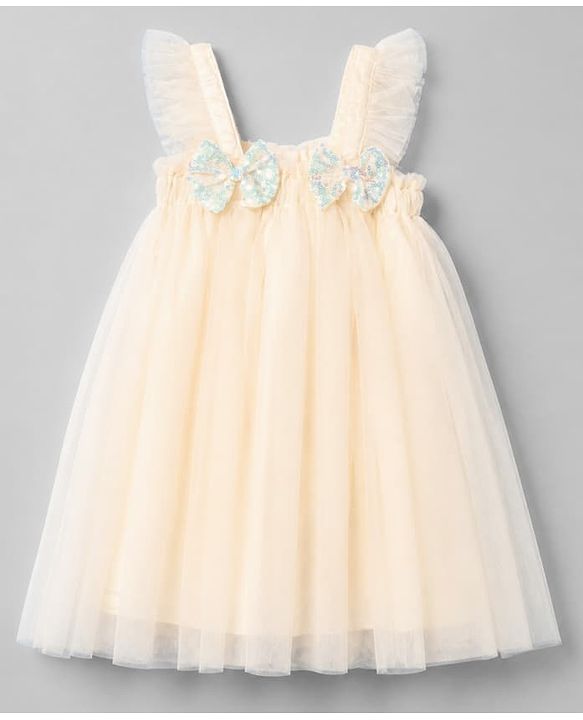 Babyhug Mesh Woven Ruffle Sleeves Party Dress with Bow Applique - Yellow