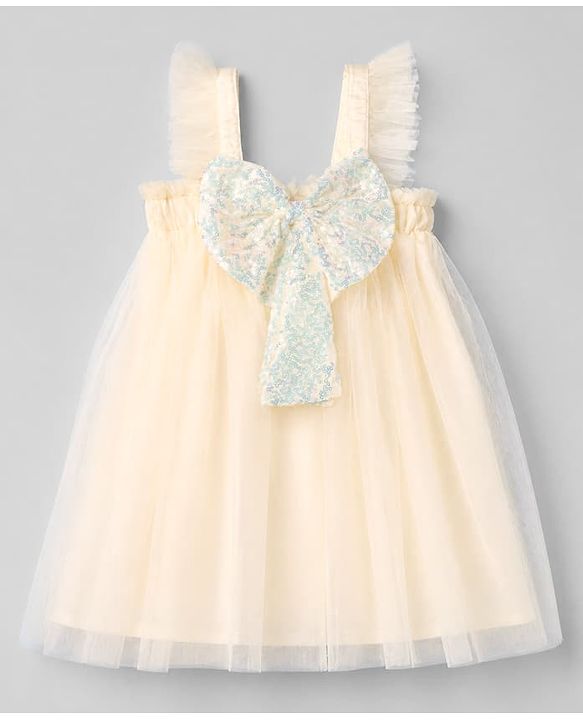 Babyhug Mesh Woven Ruffle Sleeves Party Dress with Bow Applique - Yellow