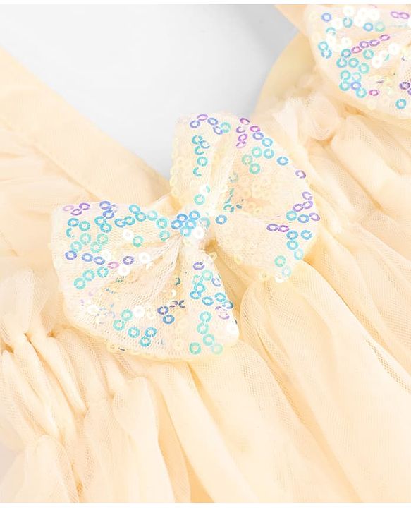 Babyhug Mesh Woven Ruffle Sleeves Party Dress with Bow Applique - Yellow