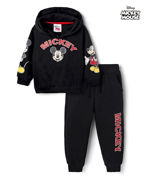Babyhug Disney Terry Knit Hooded Sweatshirt & Joggers Set with Full Sleeves and Mickey Mouse Graphic - Black