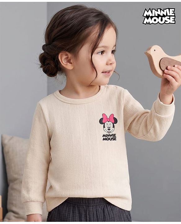 Babyhug Disney Interlock Knit Full Sleeves Thermal Inner Wear with Minnie Mouse Print - Light Peach