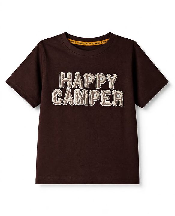 Pine Kids 100% Cotton Knit T-Shirts with Half Sleeves and Happy Camper Text Print - Dark Brown