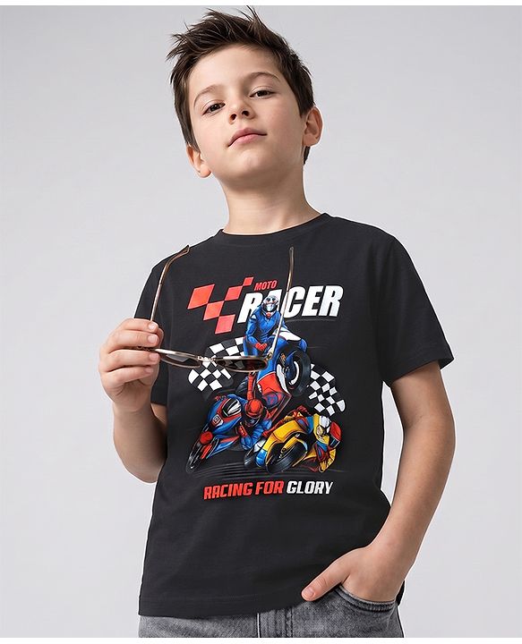 Pine Kids 100% Cotton Knit Half Sleeves T-Shirts with Racing Print - Black