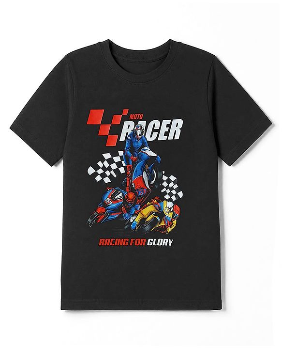 Pine Kids 100% Cotton Knit Half Sleeves T-Shirts with Racing Print - Black