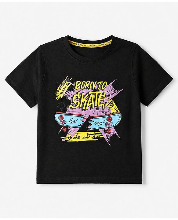 Pine Kids 100% Cotton Knit T-Shirt with Half Sleeves and Skateboard Print in Black